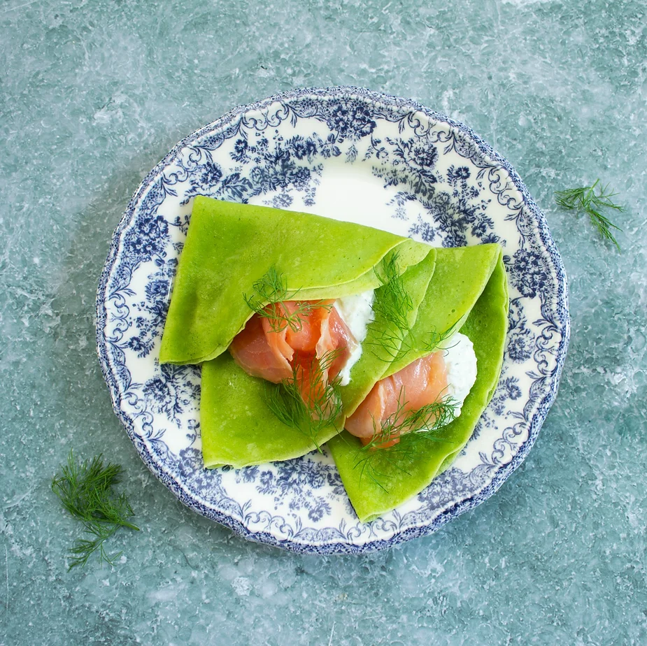 Špinatų lietiniai su rūkyta lašiša ir varškės kremu Blendtec recipe
